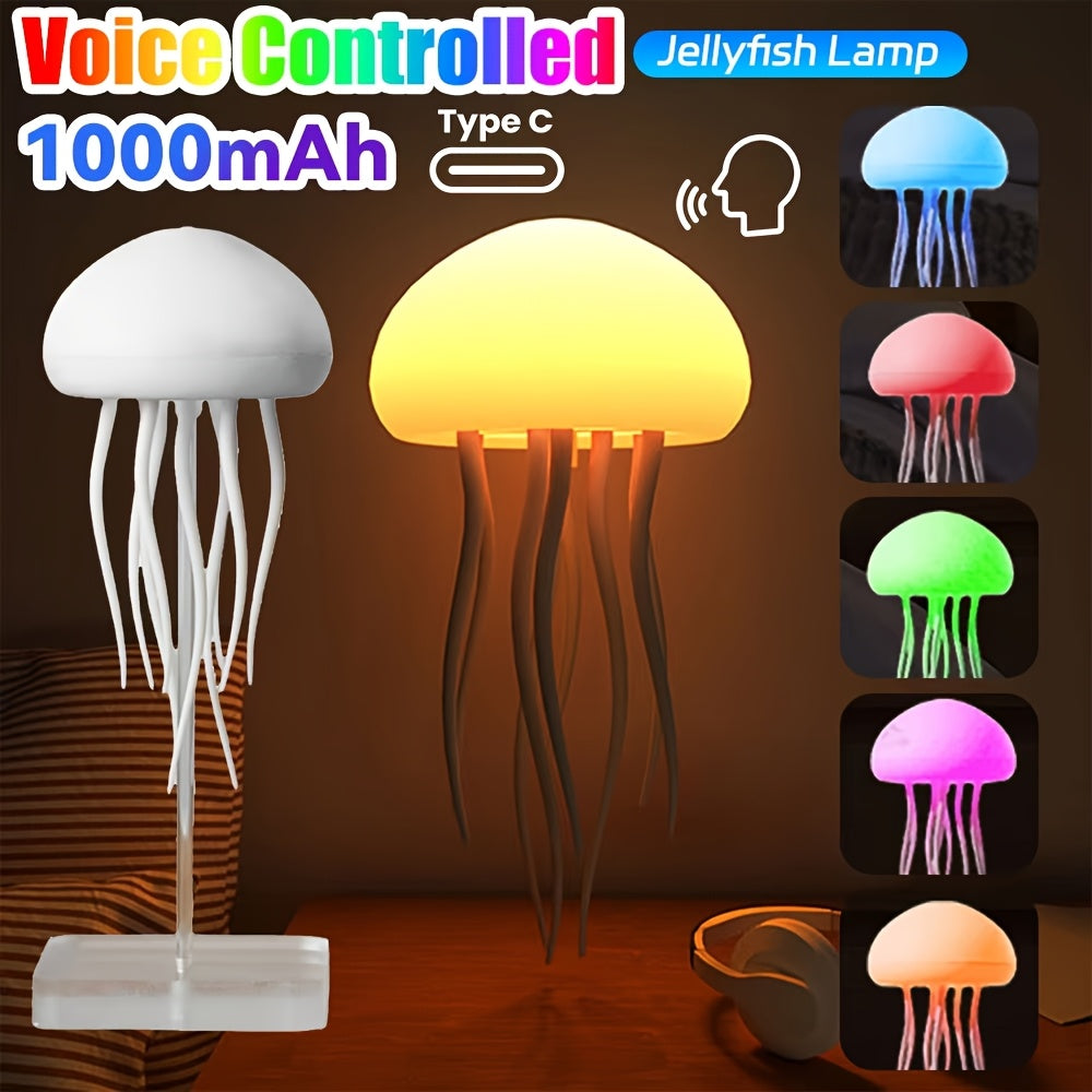 2/1 Stück wiederaufladbares intelligentes LED-Quallen-Nachtlicht – RGB-Farbverlauf, einstellbarer Farbwechsel, sprachgesteuert, USB-betriebene Tischlampe für Schlafzimmer- und Wohnzimmerdekor