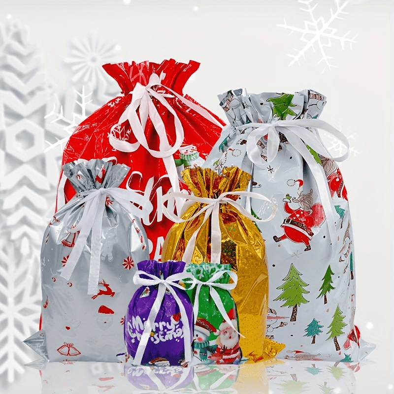 18-teiliges Weihnachtsgeschenktüten-Set, 6 Stile, je 3 Stück, Plastikbeutel mit Kordelzug und festlichen Designs, Geschenktüten für Feiertagspartys, Geschenktüten für Weihnachten, Geschenkverpackungszubehör