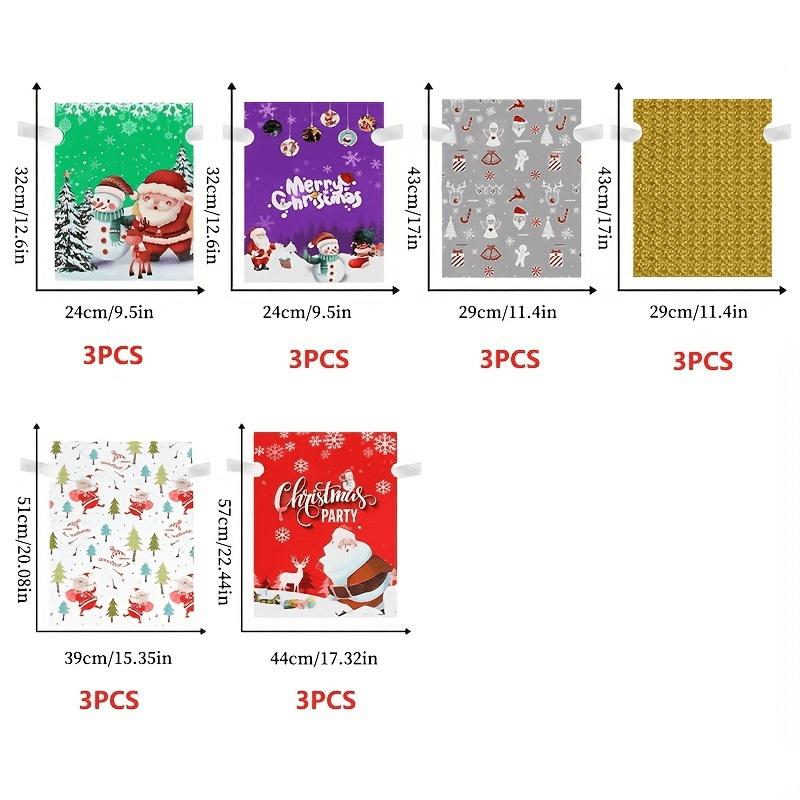 18-teiliges Weihnachtsgeschenktüten-Set, 6 Stile, je 3 Stück, Plastikbeutel mit Kordelzug und festlichen Designs, Geschenktüten für Feiertagspartys, Geschenktüten für Weihnachten, Geschenkverpackungszubehör