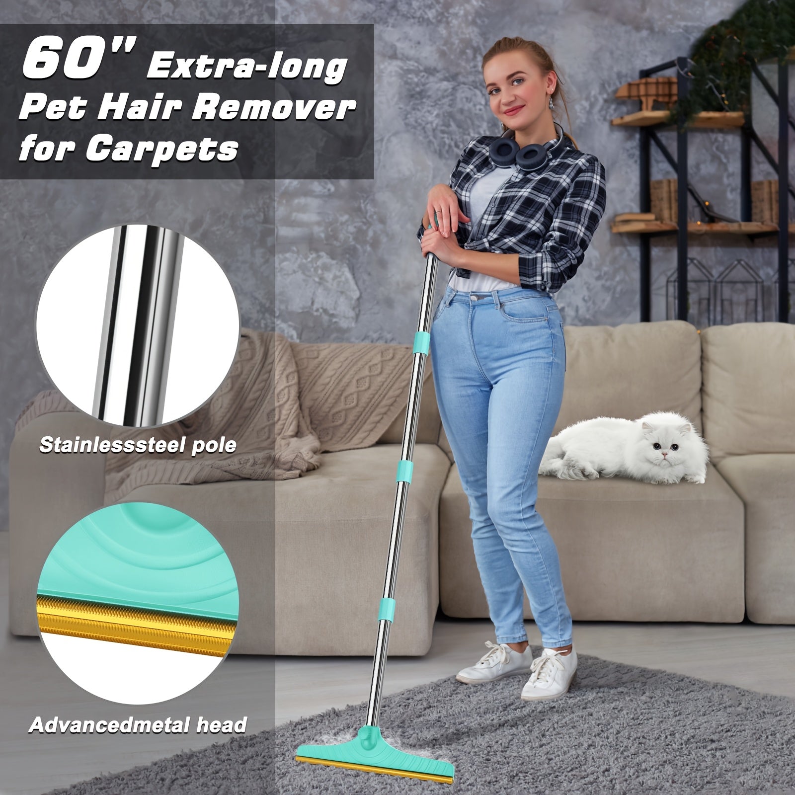 Tierhaarentfernungswerkzeug mit 114,3 cm verstellbarem Griff – Wiederverwendbarer Hunde- und Katzenhaarentferner, ausziehbarer Teppichschaberrechen, batterielos, ideal für Tierbesitzer, Kratzbäume zur Bodenreinigung