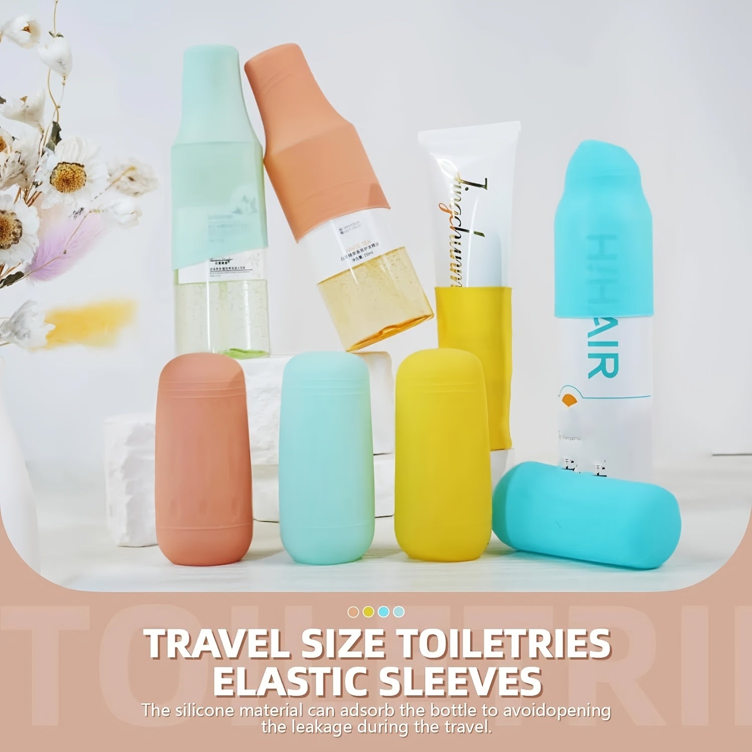12 Stück Reiseflaschenhüllen, auslaufsichere elastische Hüllen, Silikon-Reisebehälter-Toilettenartikelhüllen, auslaufsicheres Reisezubehör mit Verschluss, geeignet für Shampoo-, Spülungs- und Waschflaschen, Reise-Toilettenartikelflaschen