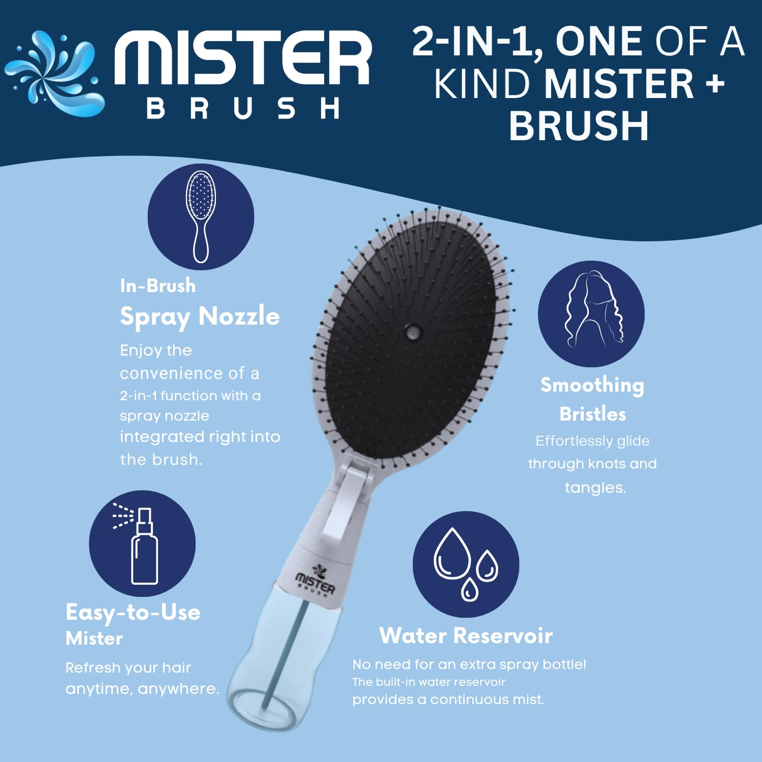 2-in-1-Haarbürsten-Zerstäuber – Innovatives Haarspray- und Bürstenwerkzeug für das Styling von nassem und trockenem Haar – Verwicklungsfreie Borsten, praktischer Wasserbehälter, einfach zu verwenden (Weiß)