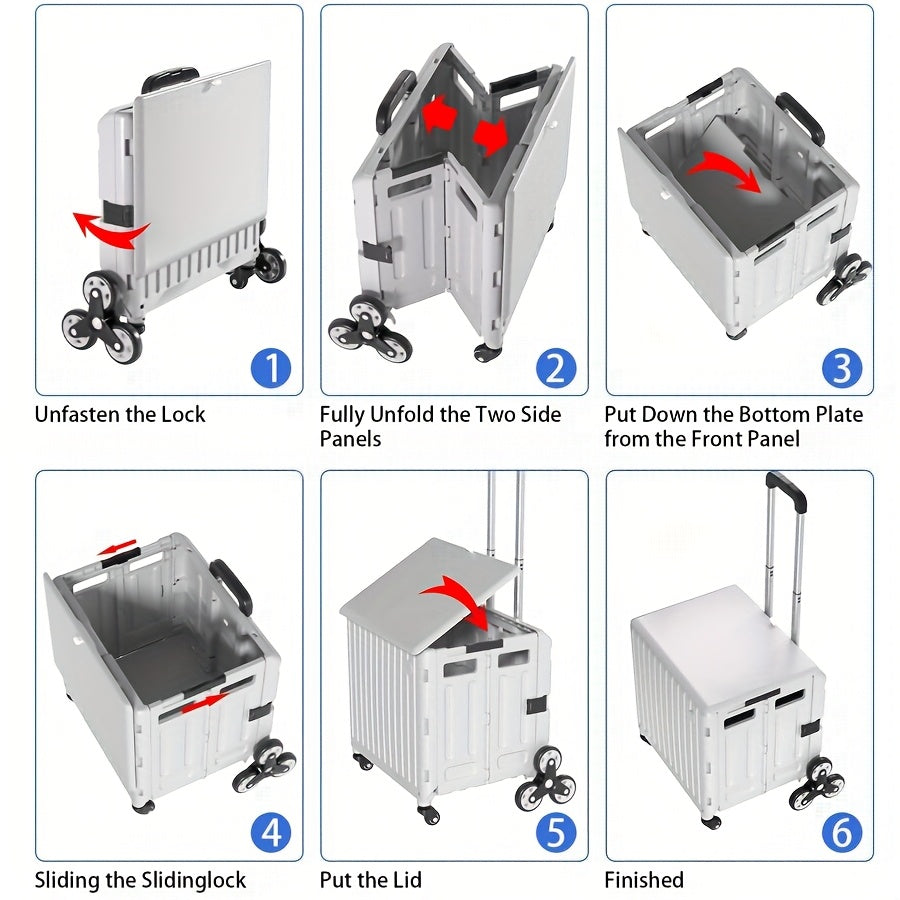 Heavy-Duty Foldable Utility Cart with 4 Rotating Wheels & Telescoping Handle - Collapsible Portable Rolling Crate Handcart, Durable Plastic/Metal Construction for Travel, Shopping, Office, Teachers, Luggage Storage, Office Or