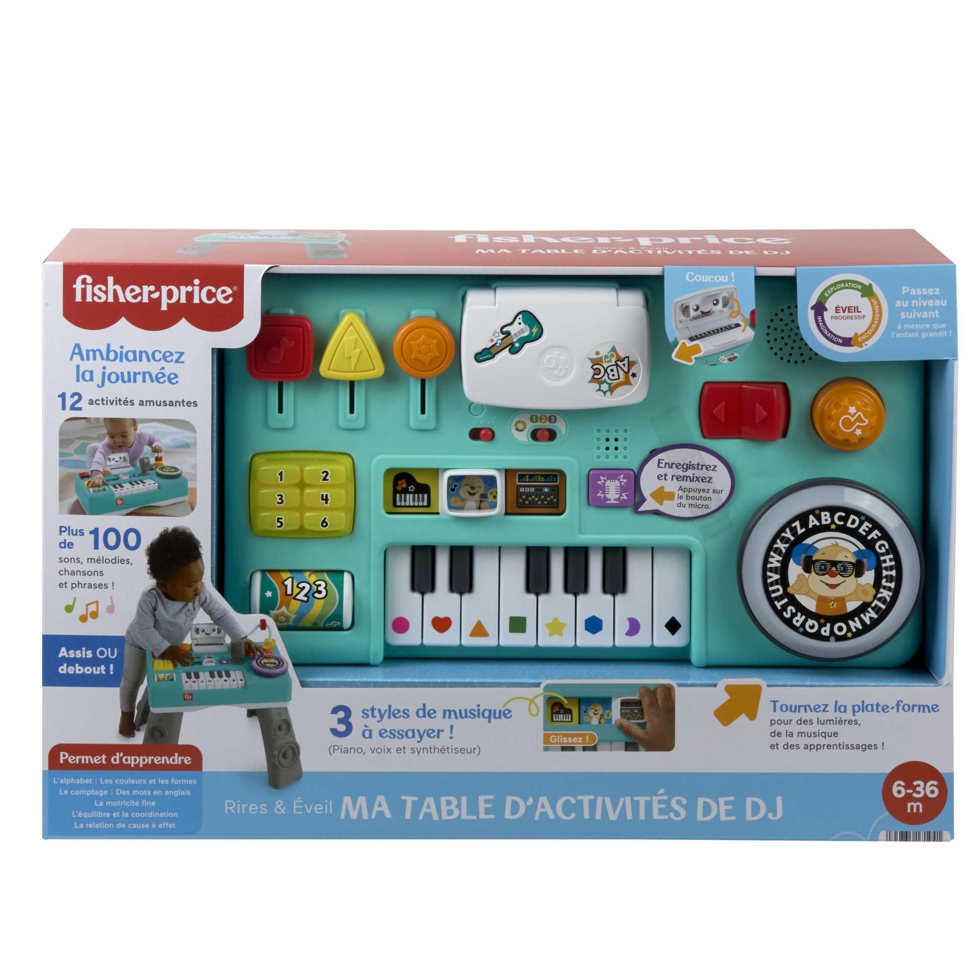 FISHER-PRICE HXG09 Lernspaß DJ-Spieltisch – Musikalisches Lernspielzeug mit 3 Klavierspielmodi, Lichtern, 12 Motorikaktivitäten und über 100 Liedern und Tönen, spricht Deutsch, ab 6 Monaten / 1 Jahr