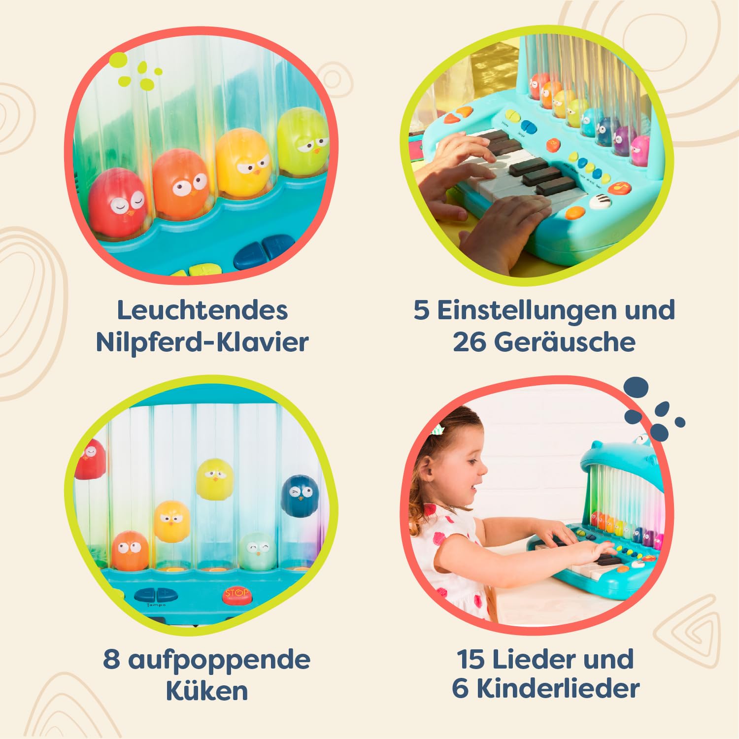 Land of B. Nilpferd-Spielzeug-Keyboard mit Lichtern und Liedern, Klavier, Musikspielzeug, Musikinstrument zum Klavierspielen für Babys und Kinder ab 1 Jahr