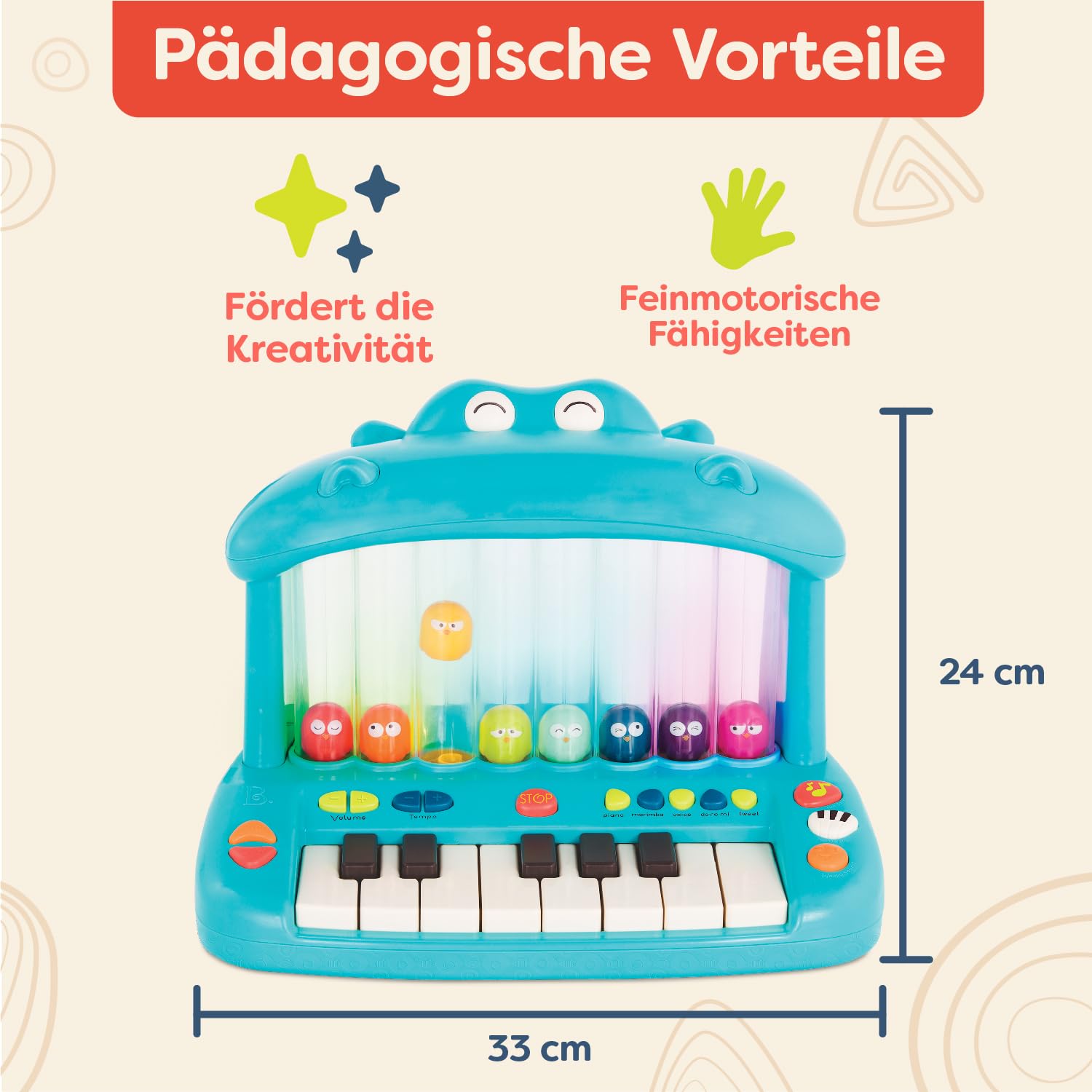 Land of B. Nilpferd-Spielzeug-Keyboard mit Lichtern und Liedern, Klavier, Musikspielzeug, Musikinstrument zum Klavierspielen für Babys und Kinder ab 1 Jahr