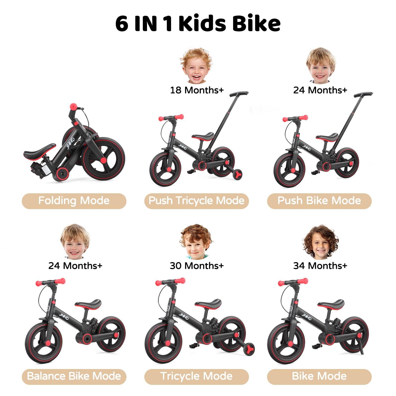Laufrad mit Schiebestange für Kinder 18 Monate – 5 Jahre, 6 in 1 Kinderfahrrad mit Stützrädern & Pedalen, Laufrad für Jungen und Mädchen mit Bremsen & Ständer