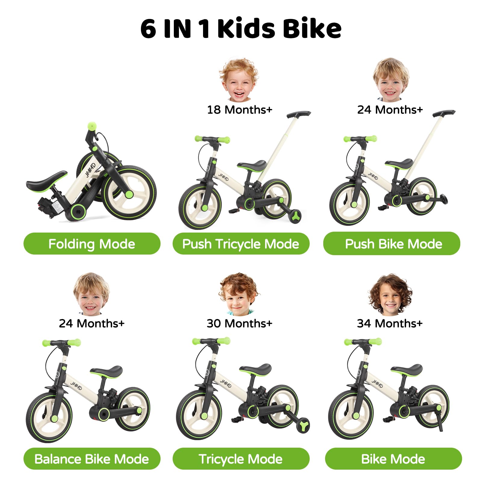 Laufrad mit Schiebestange für Kinder 18 Monate – 5 Jahre, 6 in 1 Kinderfahrrad mit Stützrädern & Pedalen, Laufrad für Jungen und Mädchen mit Bremsen & Ständer