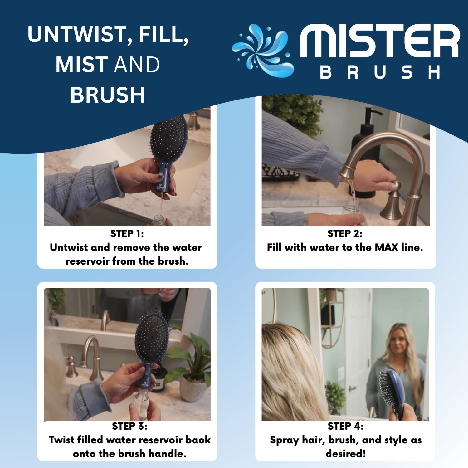 2-in-1-Haarbürsten-Zerstäuber – Innovatives Haarspray- und Bürstenwerkzeug für das Styling von nassem und trockenem Haar – Verwicklungsfreie Borsten, praktischer Wasserbehälter, einfach zu verwenden (Weiß)