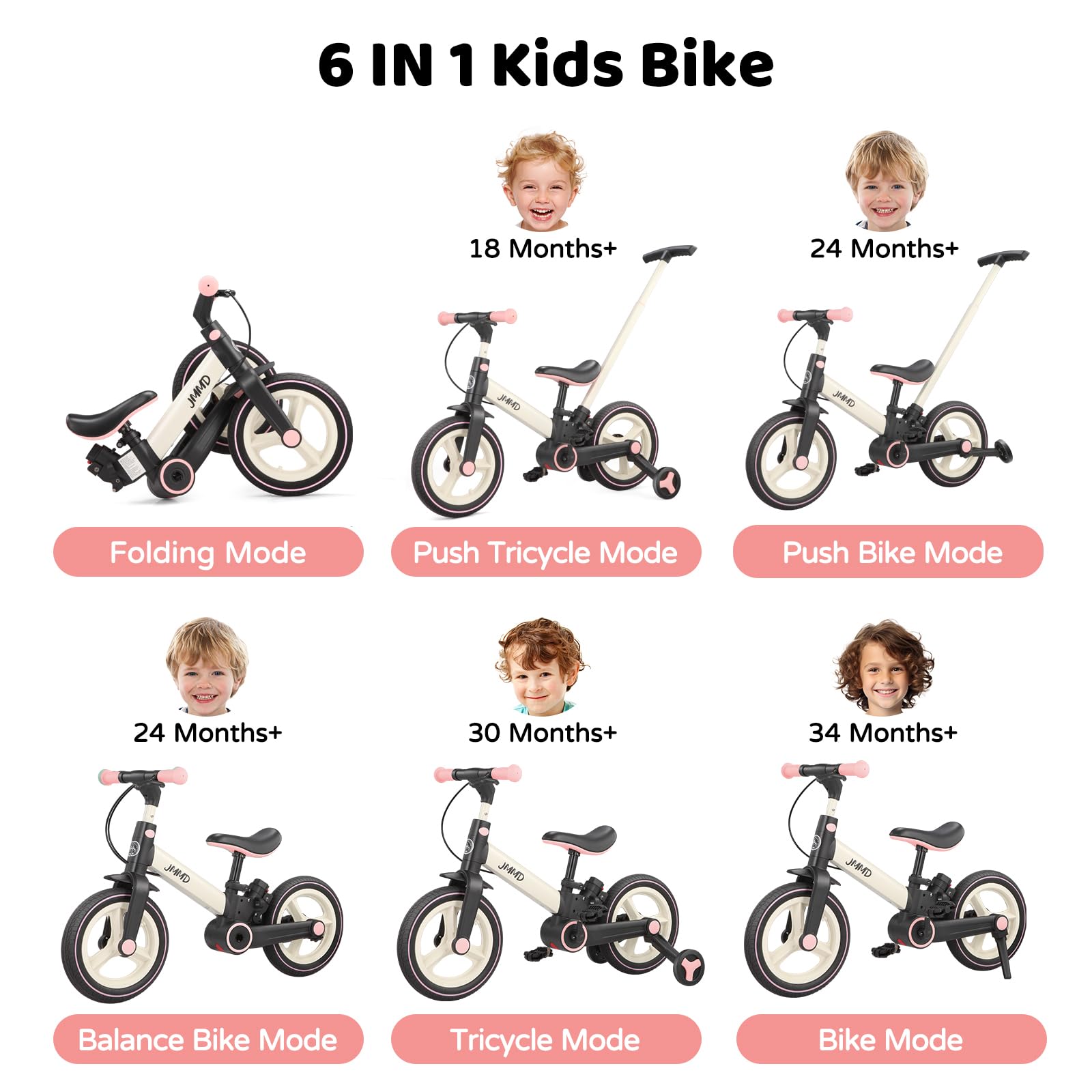 Laufrad mit Schiebestange für Kinder 18 Monate – 5 Jahre, 6 in 1 Kinderfahrrad mit Stützrädern & Pedalen, Laufrad für Jungen und Mädchen mit Bremsen & Ständer
