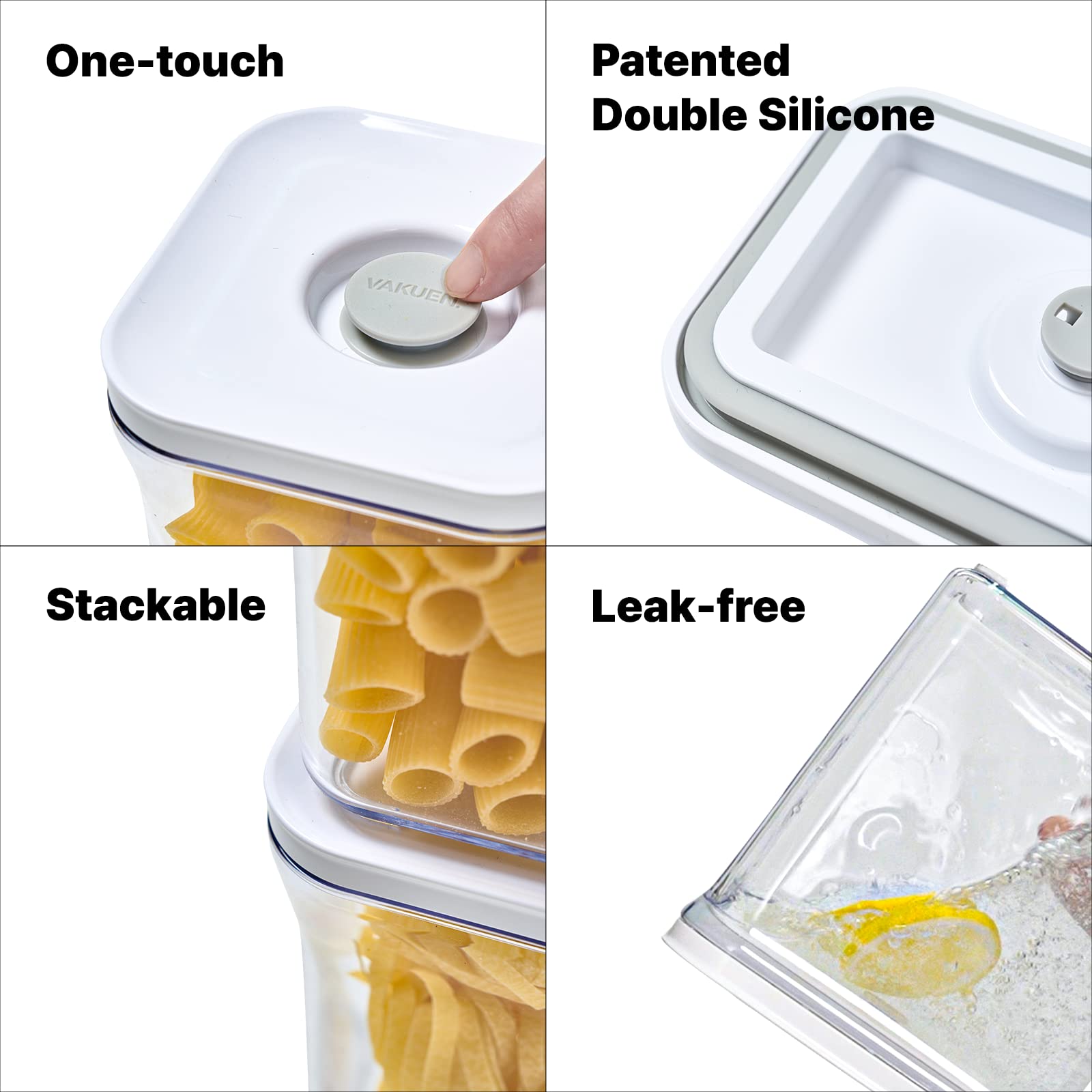 VAKUEN Premium Airtight Food Storage Containers, 4 Piece Set, Intelligent One Click Seal Lid, No Hinges, Patented Double Silicone Lining, 100% Leak-Proof, BPA-Free