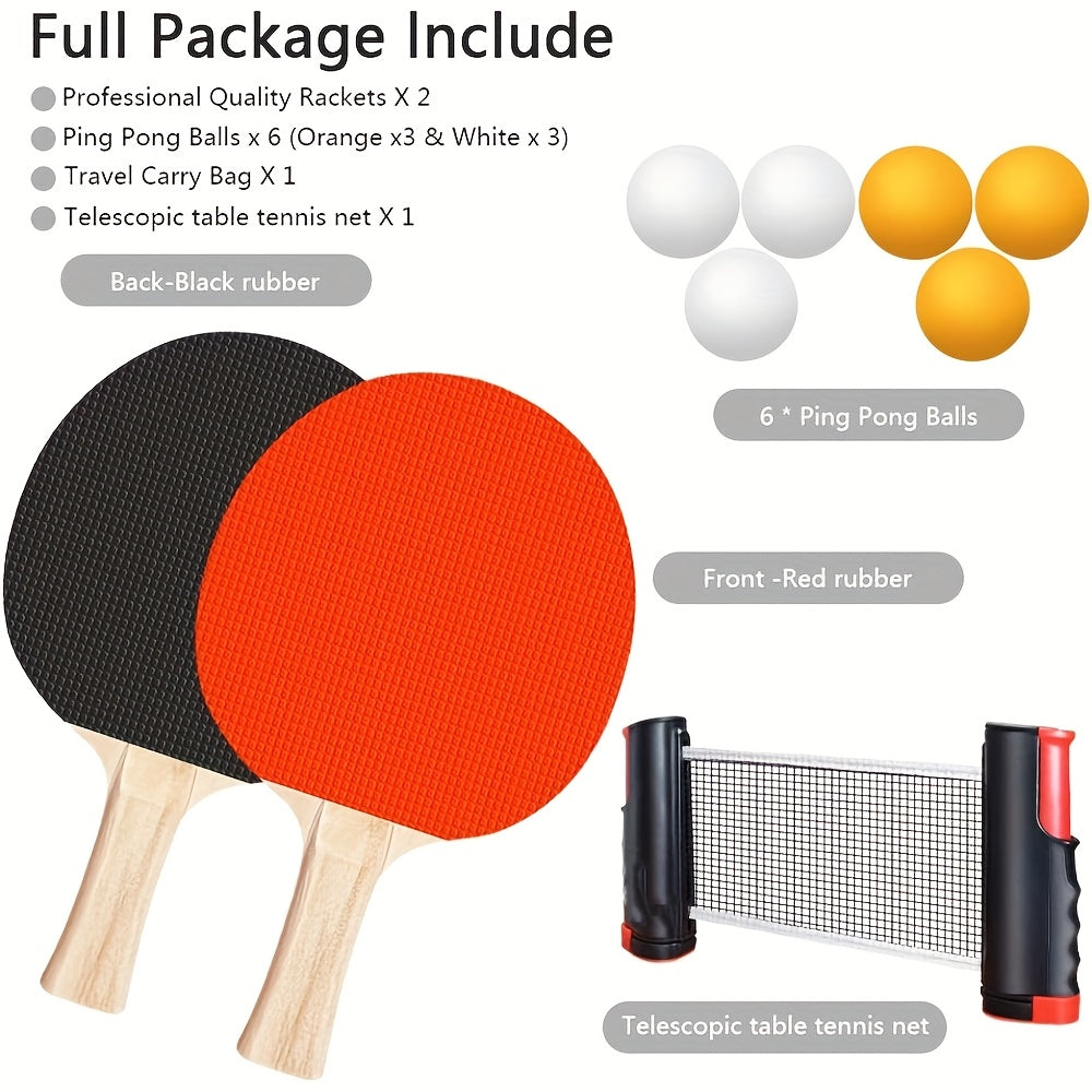 6-teiliges tragbares Tischtennis-Set mit verstellbarem Netz, Schläger und Bällen – kompakte Tragetasche, langlebige ABS-Konstruktion, ideal für Spiele im Innen- und Außenbereich, Tischtennisausrüstung, Indoor-Sportausrüstung