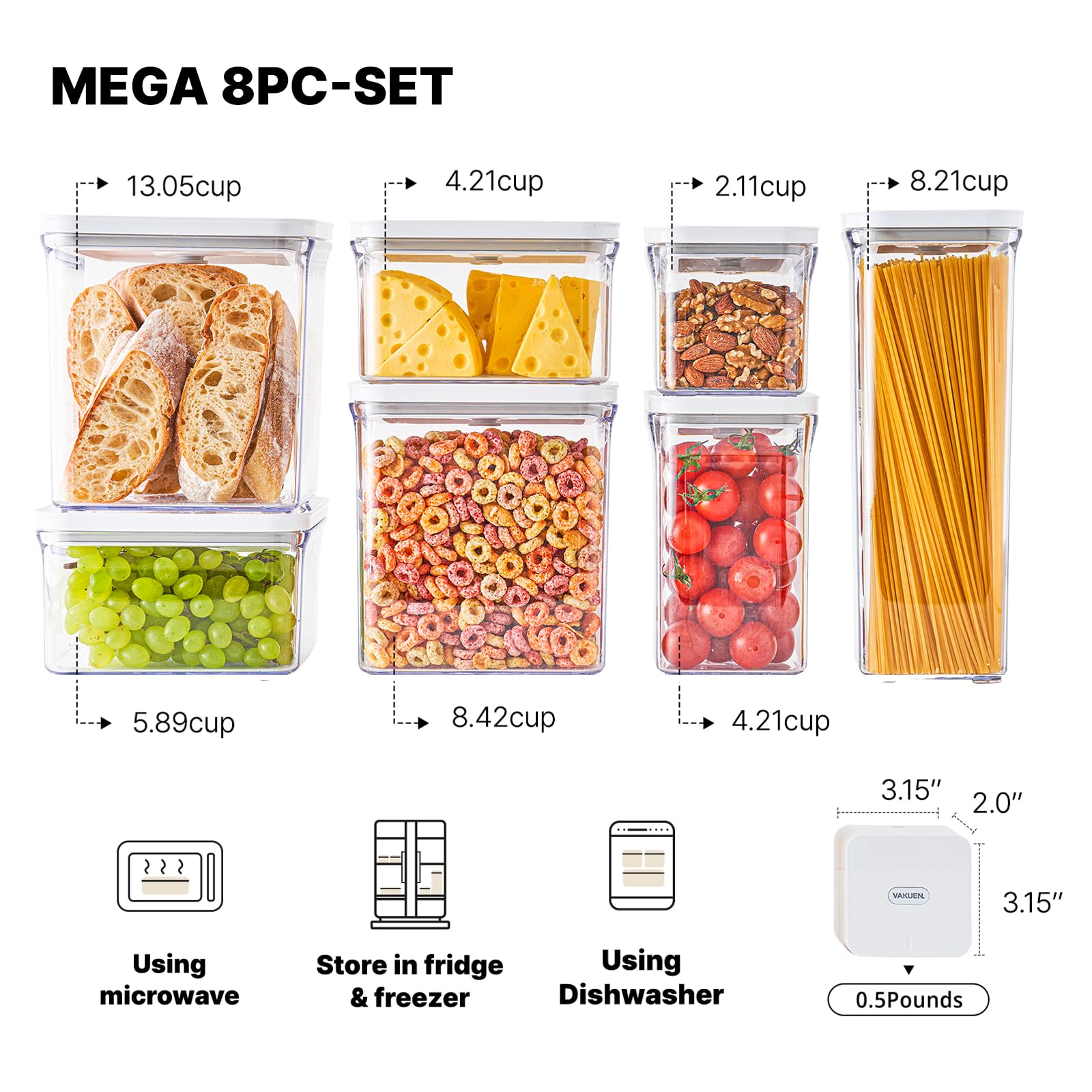 VAKUEN Premium Airtight Food Storage Containers, 4 Piece Set, Intelligent One Click Seal Lid, No Hinges, Patented Double Silicone Lining, 100% Leak-Proof, BPA-Free
