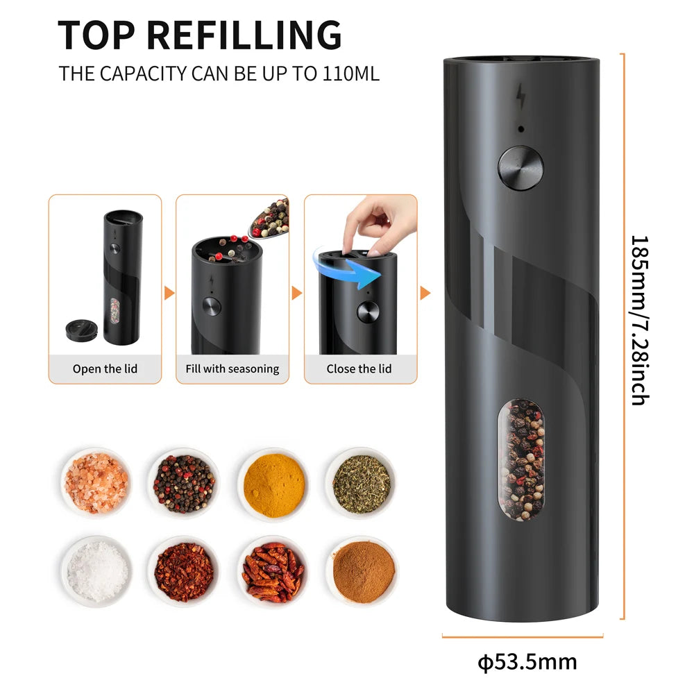 110 ml wiederaufladbare elektrische Salz- und Pfeffermühlen-Schüttler, USB, automatisch einstellbare Grobheit, Gewürzmühlen für Küchenhelfer