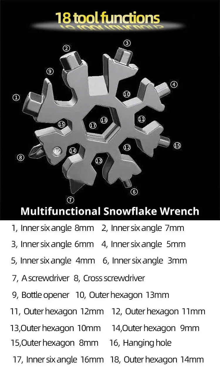 Multifunktionaler Schneeflockenschlüssel, Werkzeugstahl, achteckiger Sechskant, tragbar, 18-in-1-Mini-Universalschlüssel