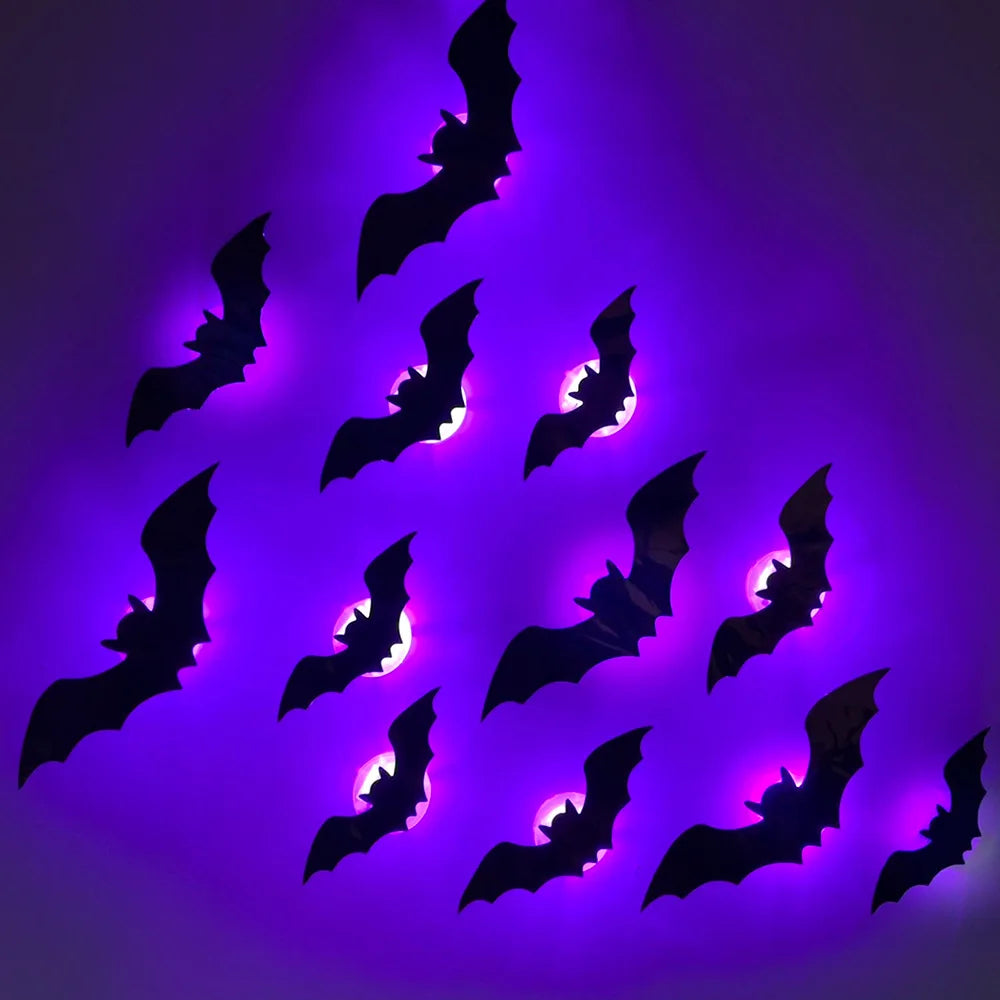 9/12 Stück 3D-LED-Fledermaus-Halloween-Dekorationen für Zuhause, Spinnen-Nachtlicht-Aufkleber für Garten, Hinterhof, Party, festliches Partyzubehör