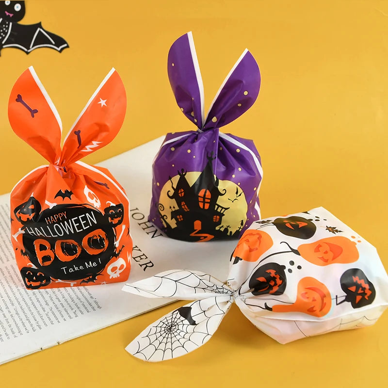 25/50 Stück Halloween Süßigkeitentüten, Kaninchenohr Kürbis, Plastiktüte, Kekse, Dessert DIY Verpackung, Kid Halloween, Party Geschenk Dekor