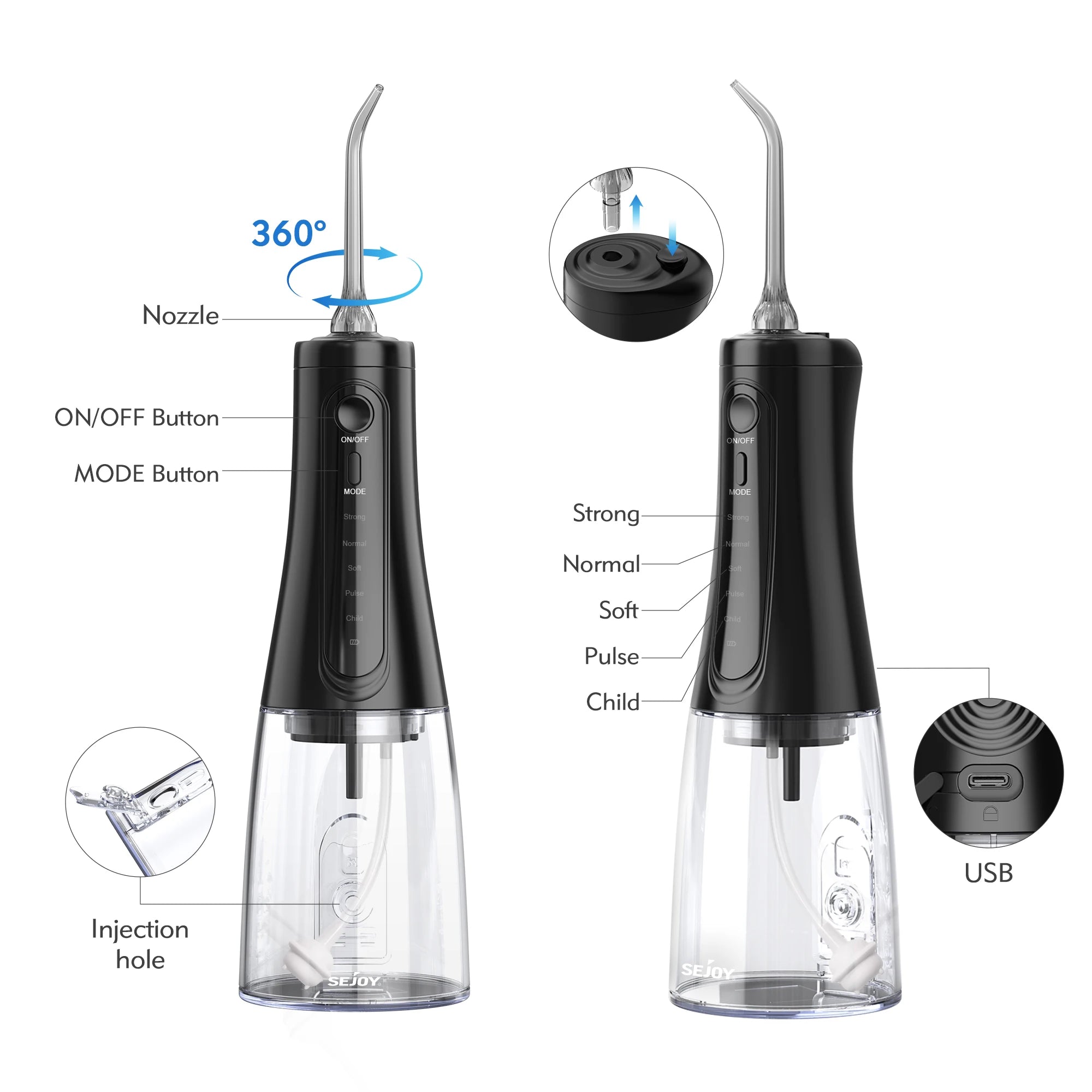 Sejoy Wasserflosser Dental Akku für die Zahnreinigung, 5 Modi, Munddusche, Zahnspangen, Zahnseide, Reiniger, tragbar, für Reisen nach Hause