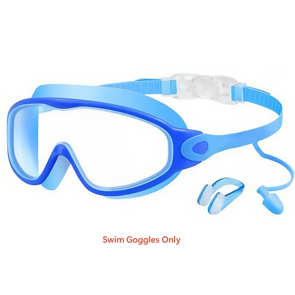 Schwimmbrille für Kinder mit großem Rahmen, Nasenclips und Ohrstöpseln
