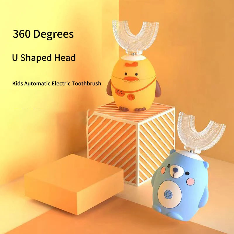 360° Schallzahnbürste für Kinder, U-Form, automatische Silikonzahnbürste, Smart-Timer, wiederaufladbar, blaues Licht, IPX7