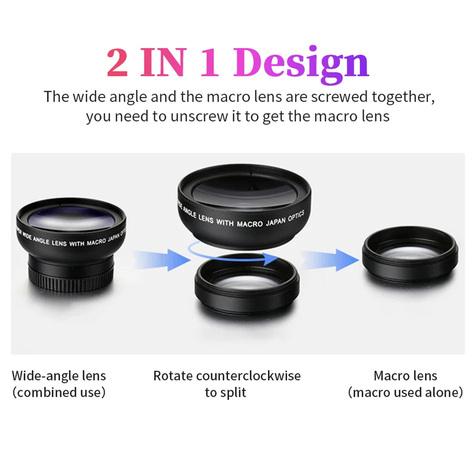 USLION 2 IN 1 Objektiv Universal Clip, 37mm Handy Objektiv, 0,45x 49uv Super Weitwinkel, Makro HD Professional