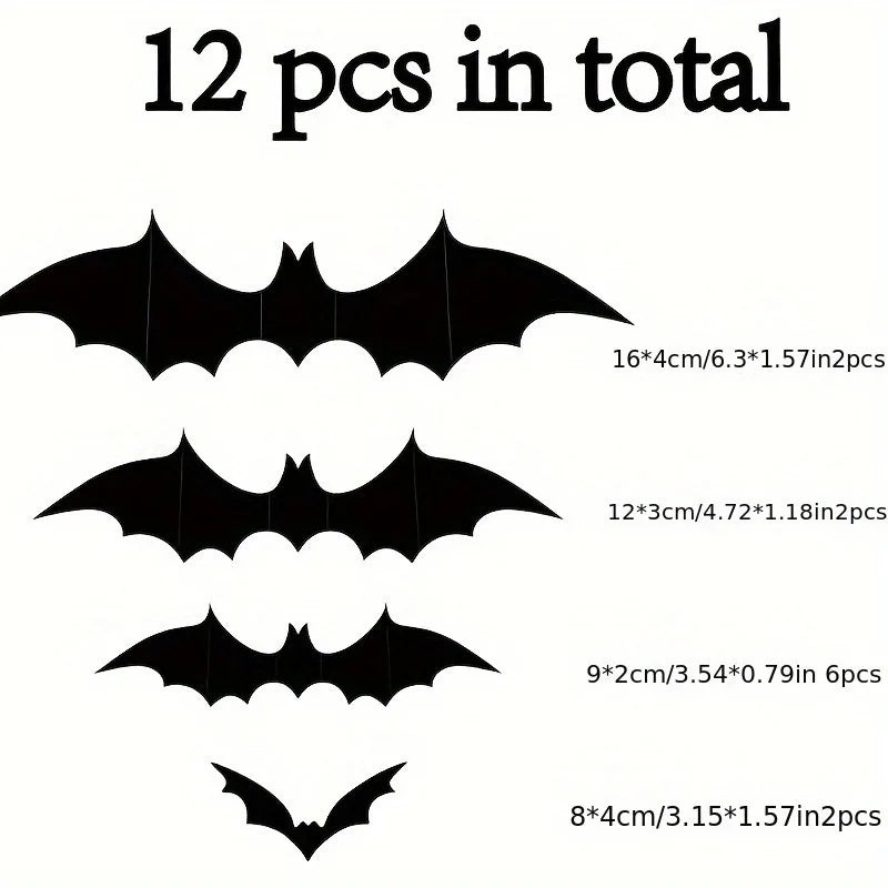 12/24/36/48/60 Stück schwarze 3D-Fledermaus-Wandaufkleber-Set, Halloween-Party-Essentials für Zuhause, Zimmerdekor, Fenster-Wandaufkleber, Glasaufkleber