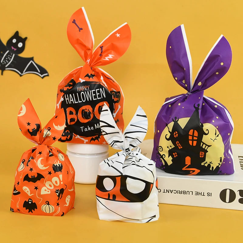25/50 Stück Halloween Süßigkeitentüten, Kaninchenohr Kürbis, Plastiktüte, Kekse, Dessert DIY Verpackung, Kid Halloween, Party Geschenk Dekor