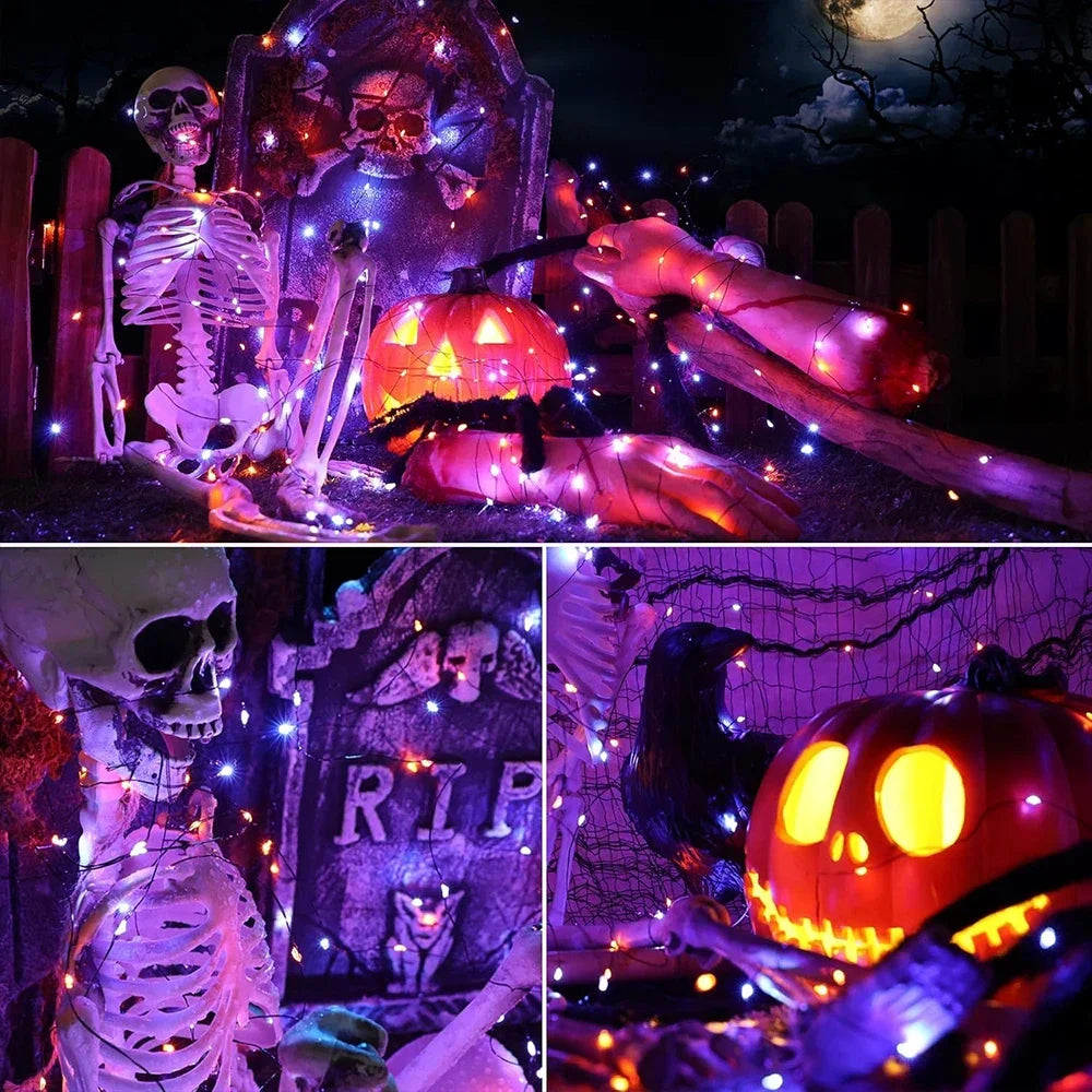 10–120 m Kupferdraht-Lichterketten, Halloween, lila und orange, 8 Modi, für den Außenbereich, Straßenbeleuchtung, Weihnachtsgirlande, Partydekoration