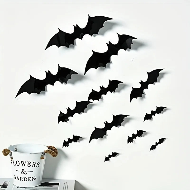 12/24/36/48/60 Stück schwarze 3D-Fledermaus-Wandaufkleber-Set, Halloween-Party-Essentials für Zuhause, Zimmerdekor, Fenster-Wandaufkleber, Glasaufkleber