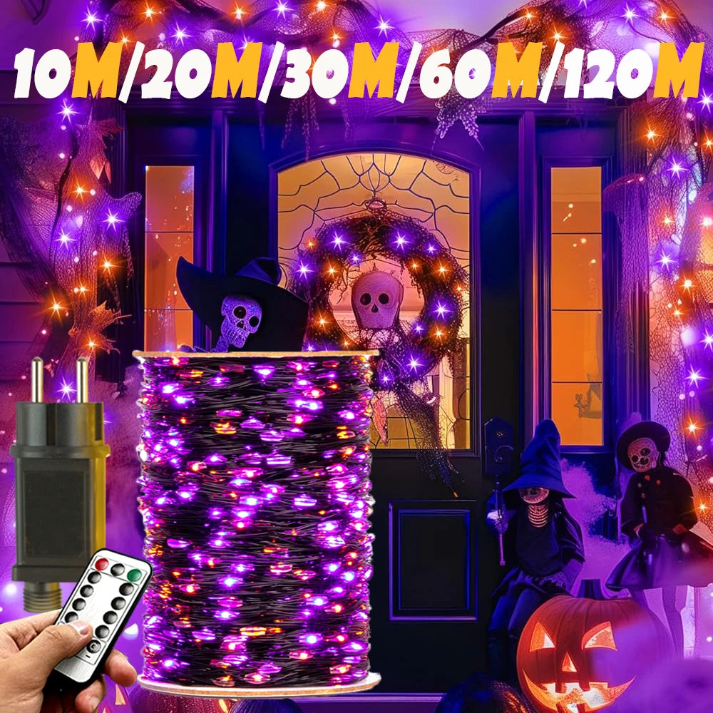 10–120 m Kupferdraht-Lichterketten, Halloween, lila und orange, 8 Modi, für den Außenbereich, Straßenbeleuchtung, Weihnachtsgirlande, Partydekoration