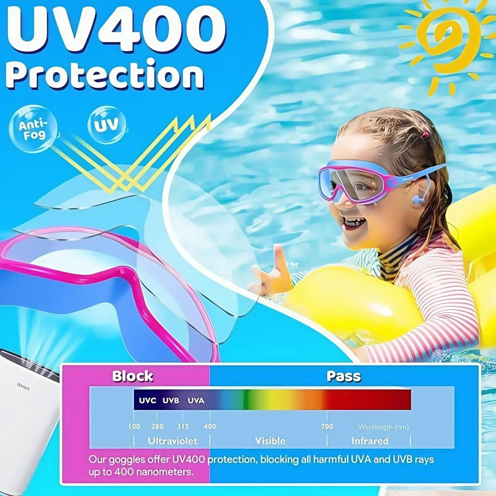 Schwimmbrille für Kinder mit großem Rahmen, Nasenclips und Ohrstöpseln