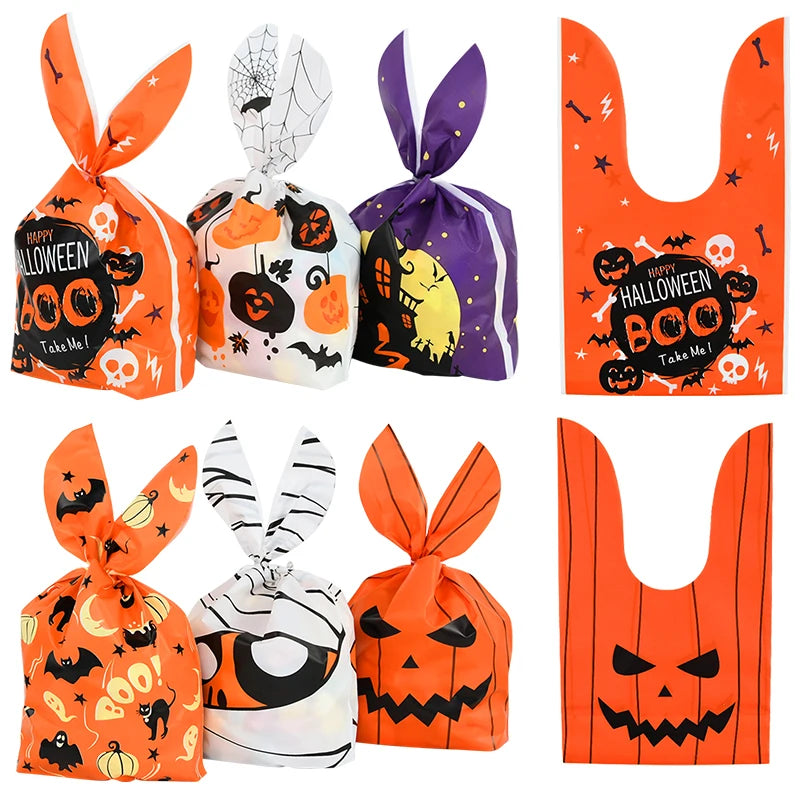 25/50 Stück Halloween Süßigkeitentüten, Kaninchenohr Kürbis, Plastiktüte, Kekse, Dessert DIY Verpackung, Kid Halloween, Party Geschenk Dekor