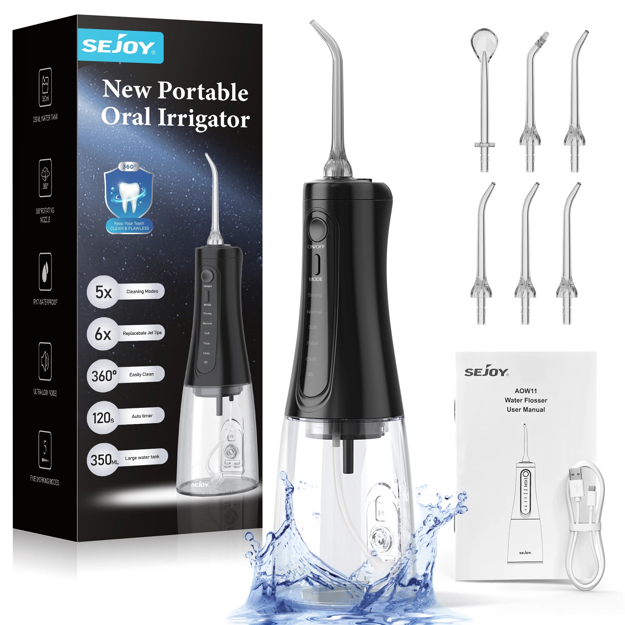 Sejoy Wasserflosser Dental Akku für die Zahnreinigung, 5 Modi, Munddusche, Zahnspangen, Zahnseide, Reiniger, tragbar, für Reisen nach Hause