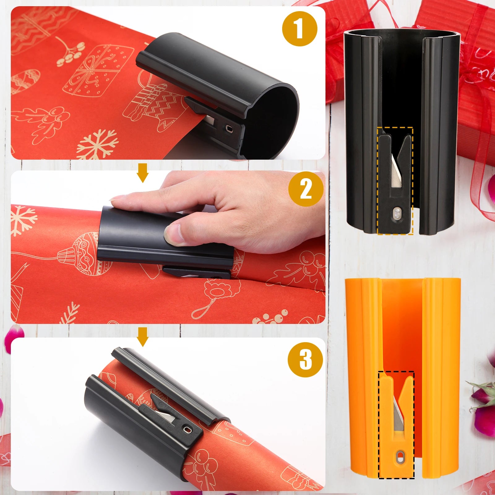 HORN Geschenkpapierschneider mit Gleitfunktion – leichtgängiger Geschenkpapierschneider für Weihnachten und Geburtstage, langlebiges ABS, Orange/Schwarz