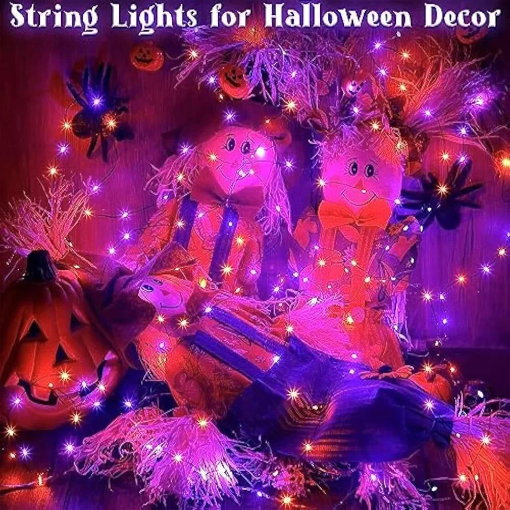 10–120 m Kupferdraht-Lichterketten, Halloween, lila und orange, 8 Modi, für den Außenbereich, Straßenbeleuchtung, Weihnachtsgirlande, Partydekoration