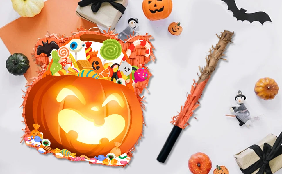 Halloween-Kürbis-Piñata-Bundle - Halloween-Piñata, Halloween-Partyspiele, Stock, Augenbinde usw., Halloween-Party-Dekorationen, Piñata