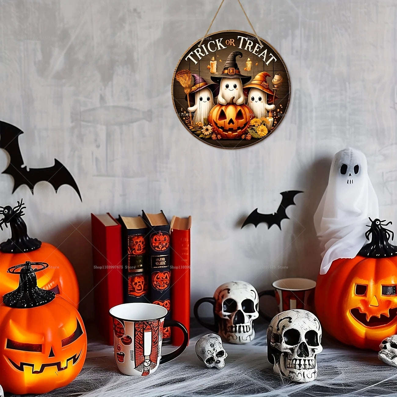 2D-Halloween-Party-Dekoration, Holzschild, Kürbis, Geist, Fledermaus, Trick oder Treat, Wandbehang, Schild für Haustür, Heimdekoration, Kindergeschenke