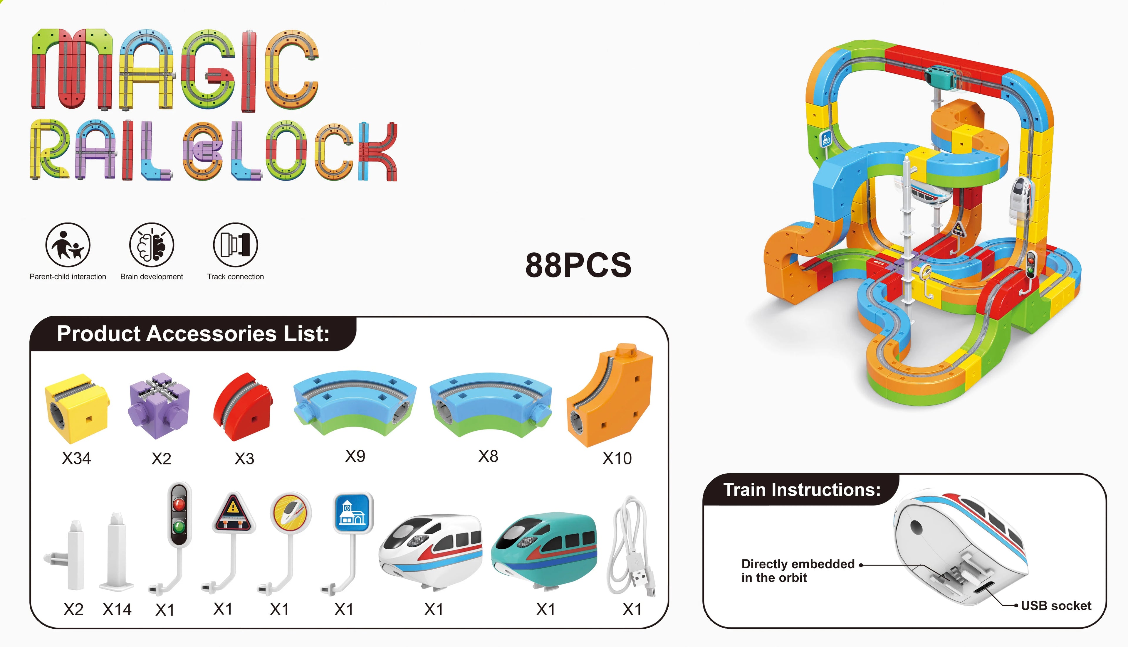 2025 Neuer DIY Magic Rail Cube Elektromagnetischer USB-Ladezug, Schienenfahrzeug-Anbau, Kinder-Slot-Spielzeug 55 Stück