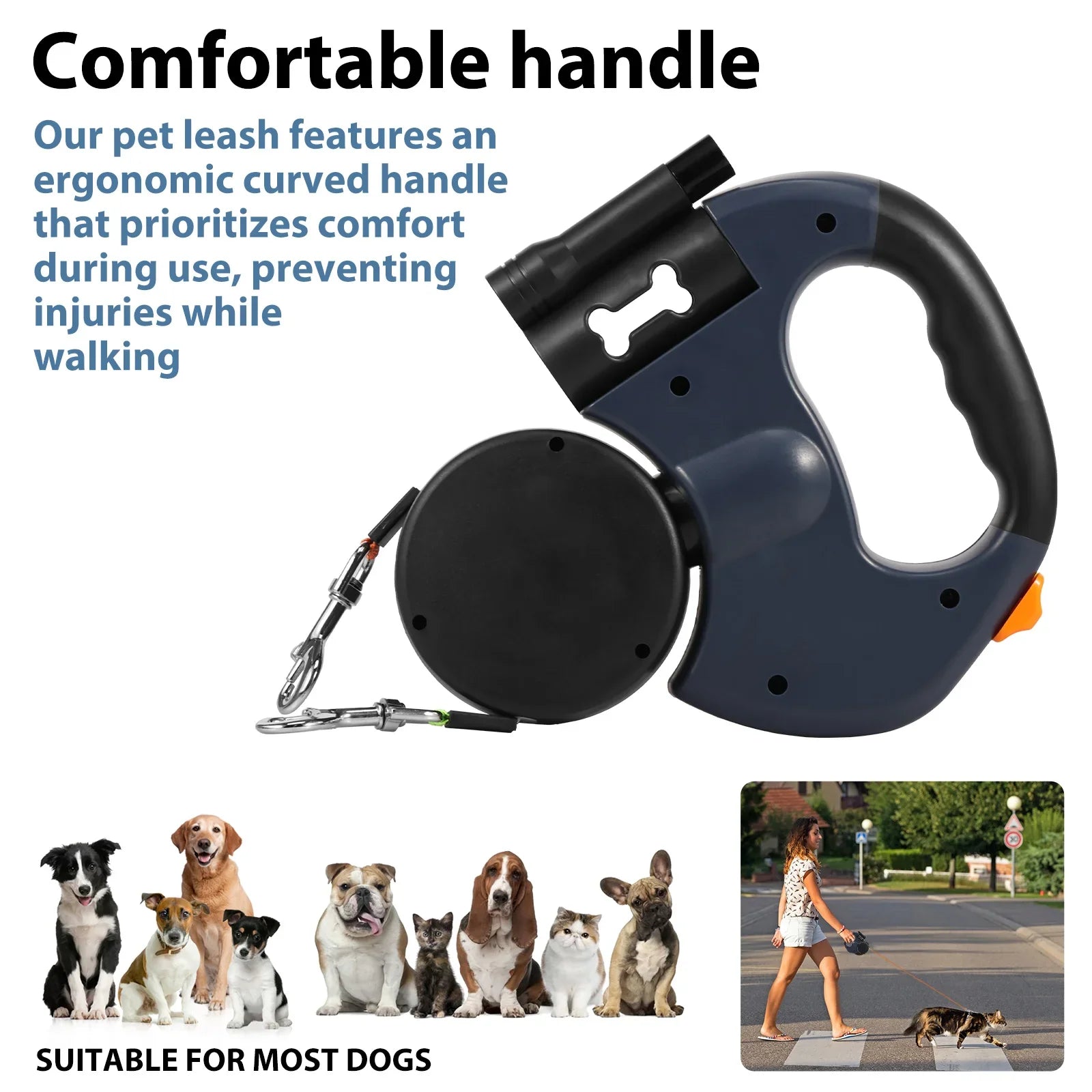 2-in-1-Rollleine für Hunde, 3 m reflektierende Hundeleine zum Spazierengehen