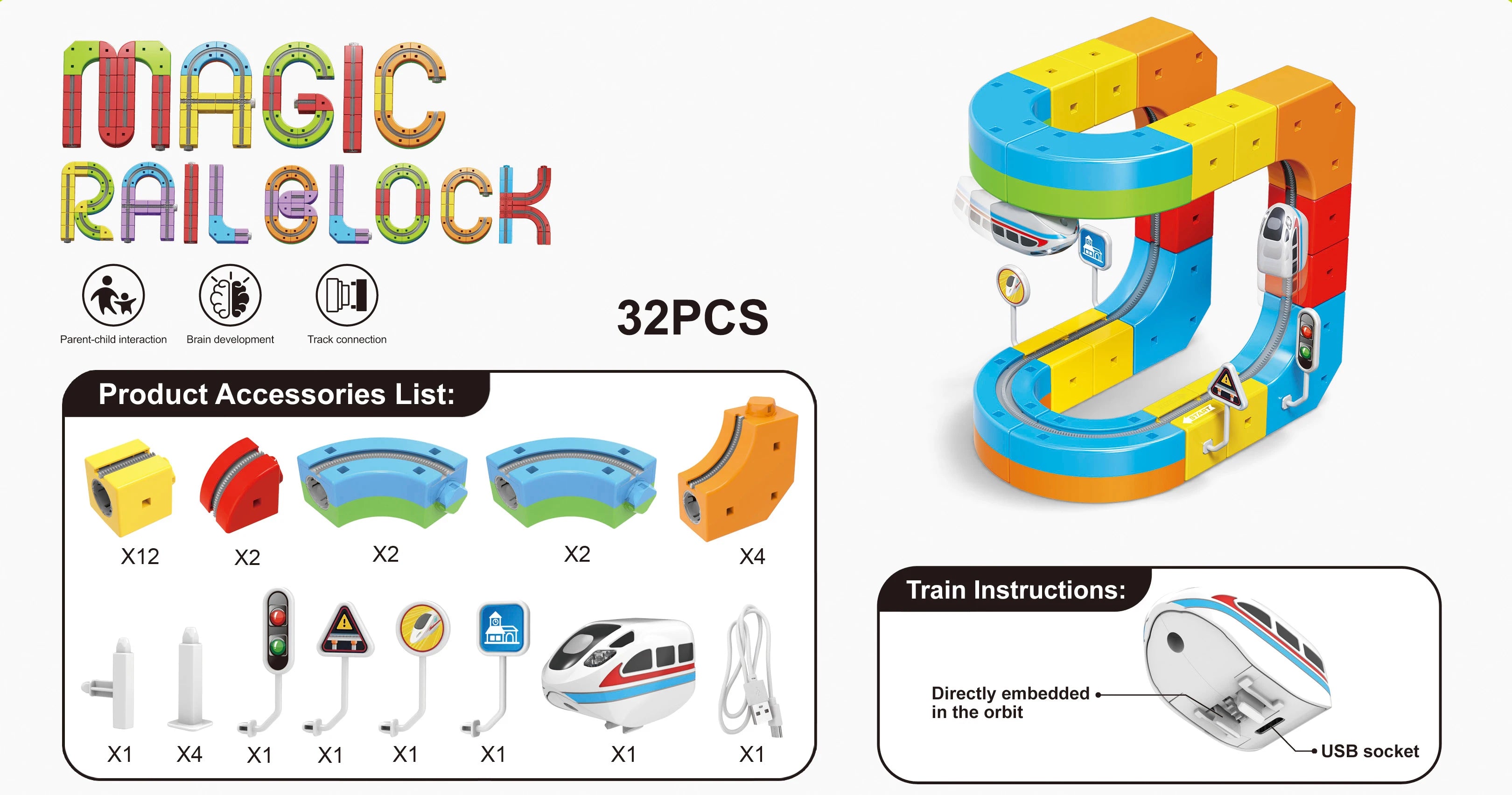 2025 Neuer DIY Magic Rail Cube Elektromagnetischer USB-Ladezug, Schienenfahrzeug-Anbau, Kinder-Slot-Spielzeug 55 Stück