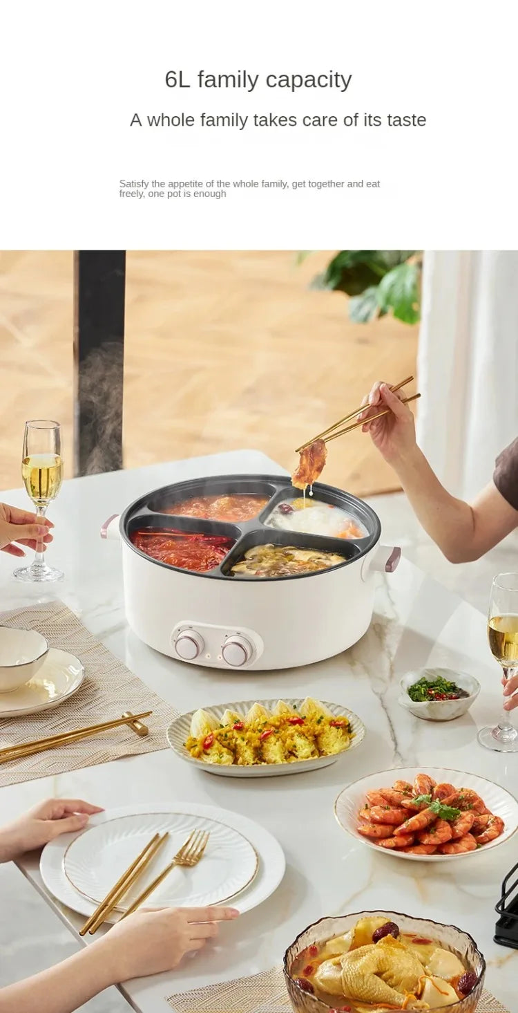 6L Elektrischer Hot Pot mit vier Kochstellen, 2000W, mehrere Temperaturen, 4 Fächer, Antihaftbeschichtung, Sicherheitsabschaltung, für den gemeinsamen Gebrauch zu Hause mit der Familie