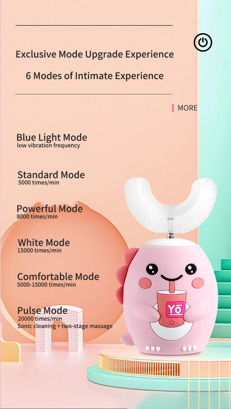 360° Schallzahnbürste für Kinder, U-Form, automatische Silikonzahnbürste, Smart-Timer, wiederaufladbar, blaues Licht, IPX7