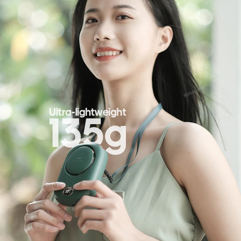 Mini ventilateur de cou portable à suspendre, sans pales, rechargeable par USB, idéal pour les sports de plein air et les voyages.