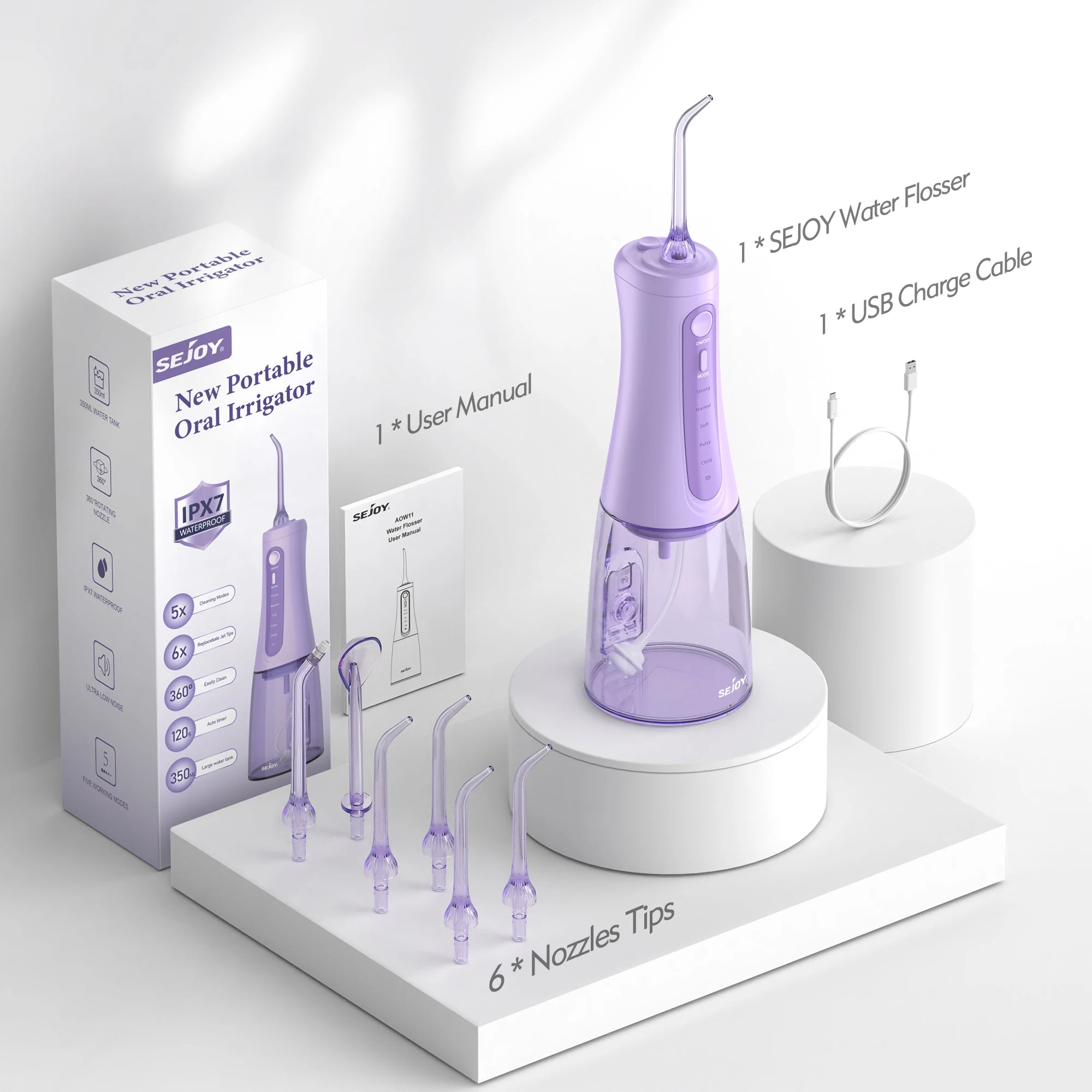 Sejoy Wasserflosser Dental Akku für die Zahnreinigung, 5 Modi, Munddusche, Zahnspangen, Zahnseide, Reiniger, tragbar, für Reisen nach Hause