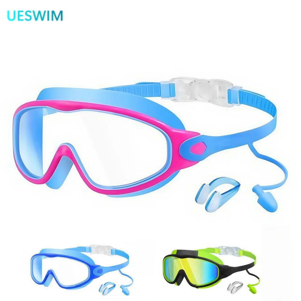 Schwimmbrille für Kinder mit großem Rahmen, Nasenclips und Ohrstöpseln