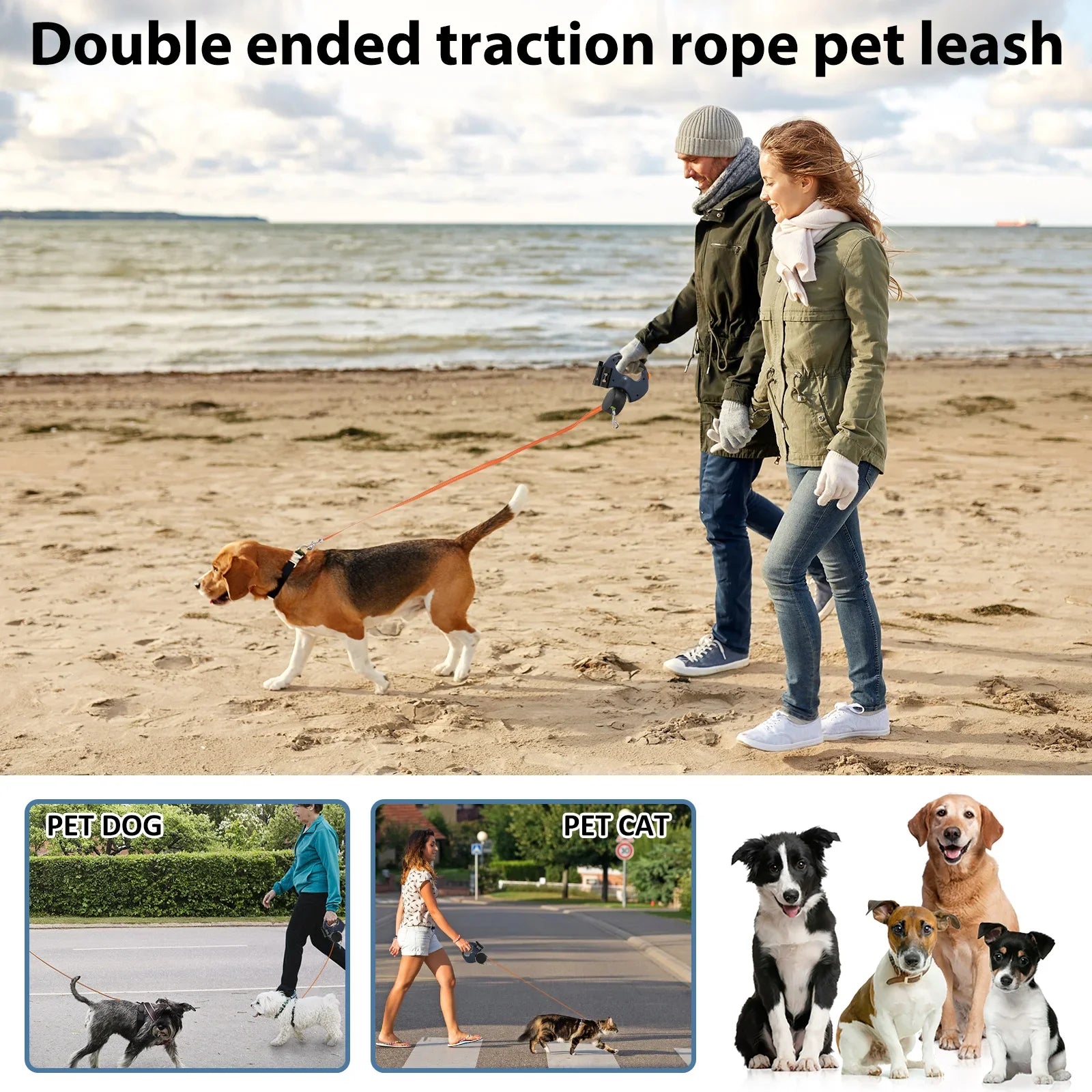 2-in-1-Rollleine für Hunde, 3 m reflektierende Hundeleine zum Spazierengehen
