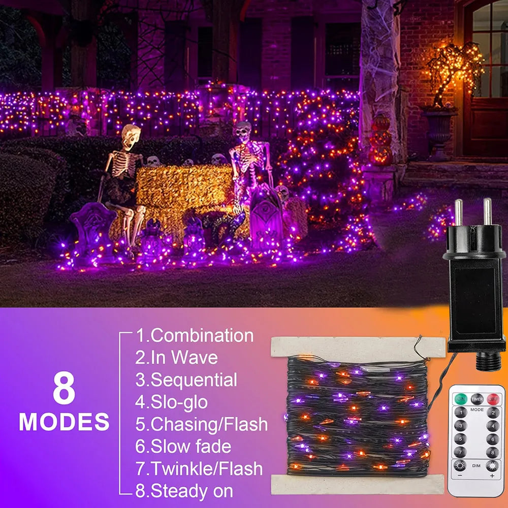 10–120 m Kupferdraht-Lichterketten, Halloween, lila und orange, 8 Modi, für den Außenbereich, Straßenbeleuchtung, Weihnachtsgirlande, Partydekoration