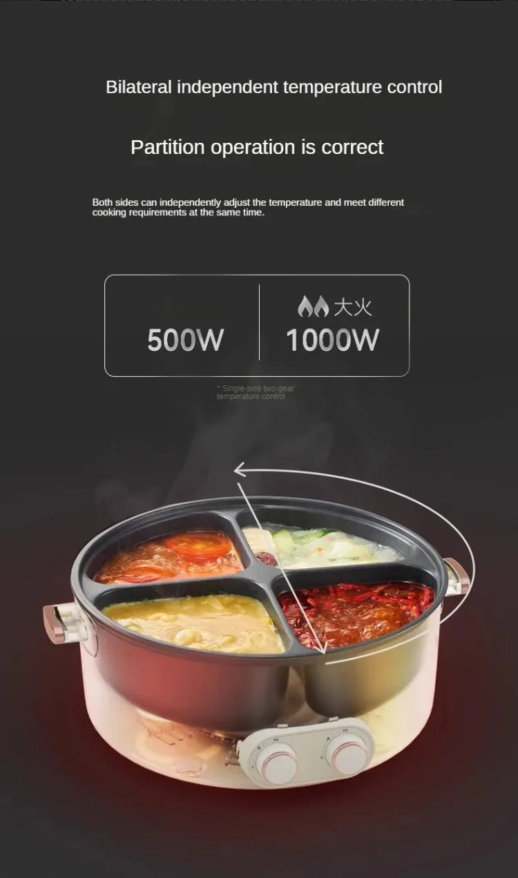 6L Elektrischer Hot Pot mit vier Kochstellen, 2000W, mehrere Temperaturen, 4 Fächer, Antihaftbeschichtung, Sicherheitsabschaltung, für den gemeinsamen Gebrauch zu Hause mit der Familie