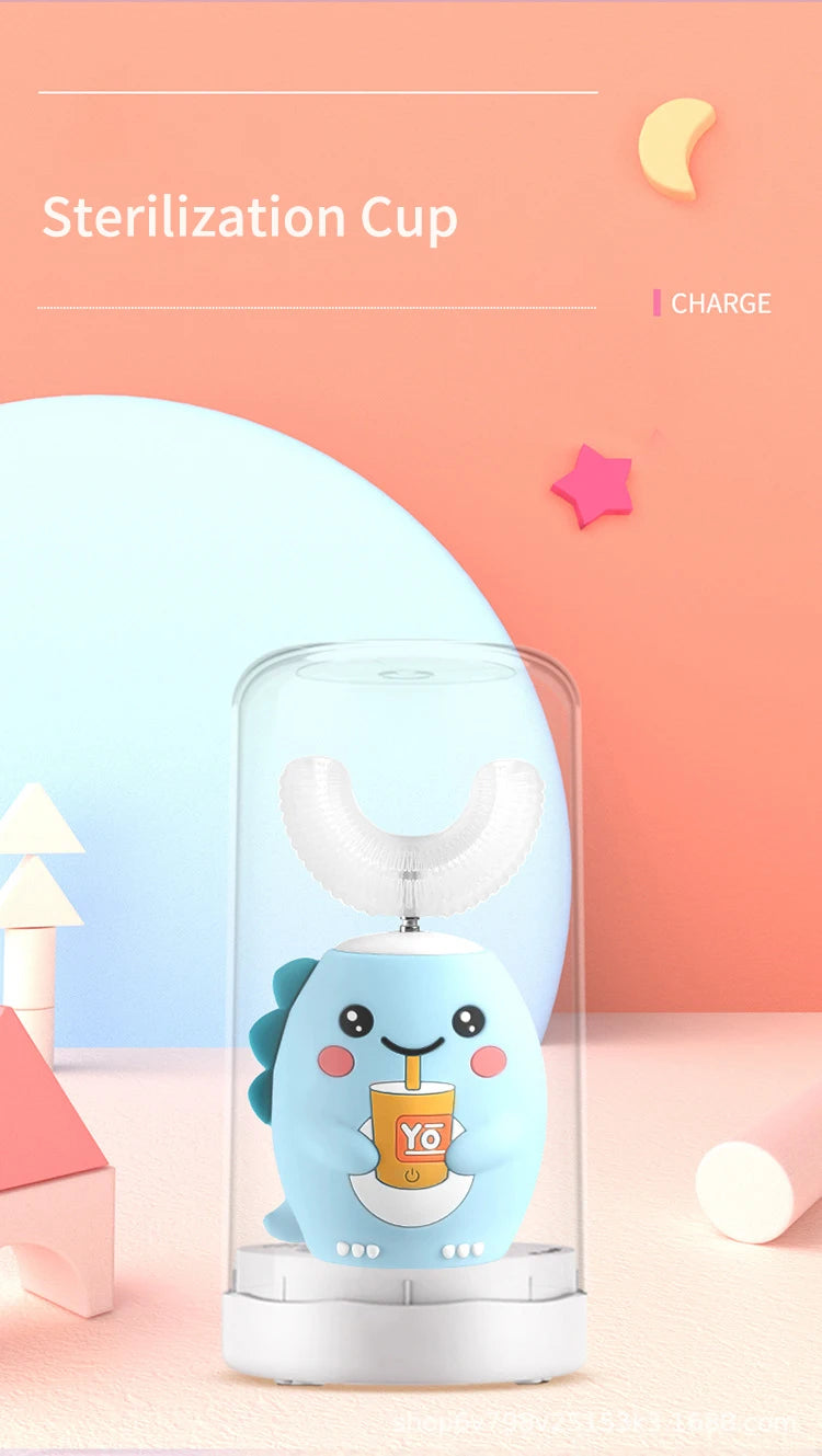 360° Schallzahnbürste für Kinder, U-Form, automatische Silikonzahnbürste, Smart-Timer, wiederaufladbar, blaues Licht, IPX7
