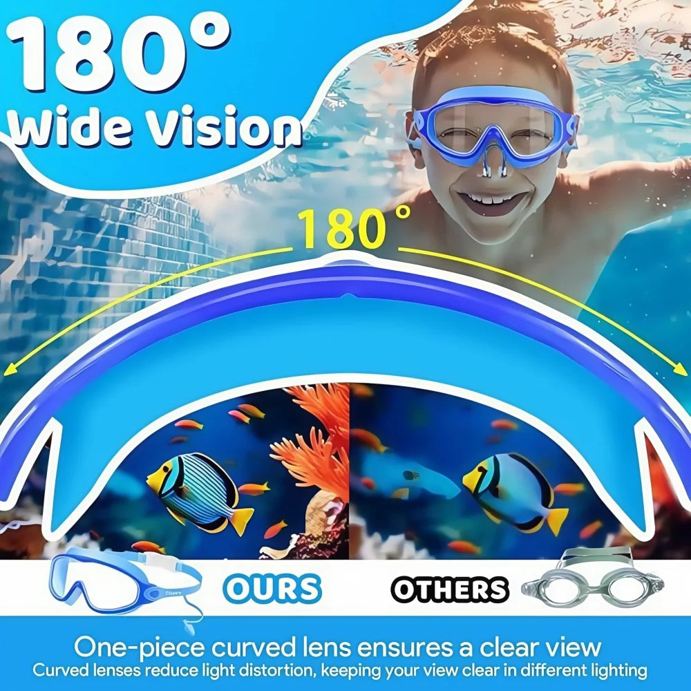 Schwimmbrille für Kinder mit großem Rahmen, Nasenclips und Ohrstöpseln
